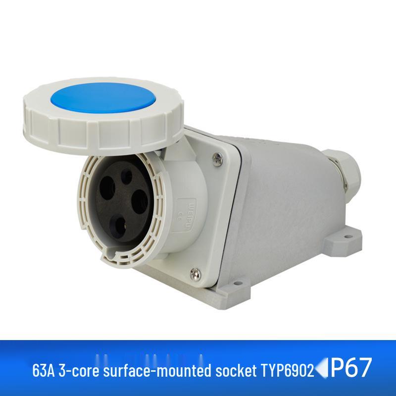 Weipu TYP641 3-pin 63A Waterproof Industrial Plug & TYP671 Aviation Connector, Surface/Flush Mount.