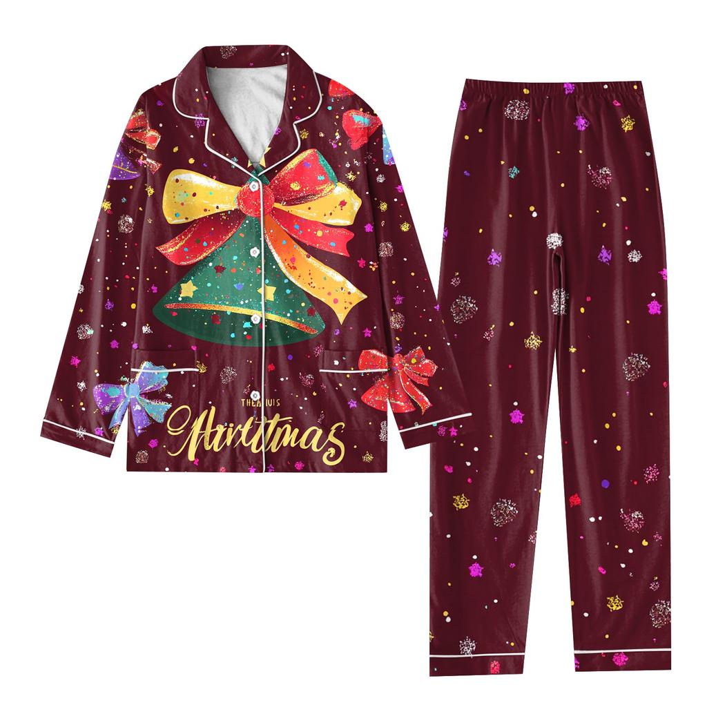 Детский рождественский костюм из 2 предметов с принтом, топ с длинными рукавами и застежкой на пуговицы, широкие брюки, комплект пижамы, домашний повседневный костюм
