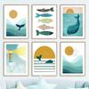 Blue Ocean Fish Whale Lighthouse Sun Nautical Nursery Wall Art Canvas Painting Posters And Prints Wall Pictures Kids Room Decor