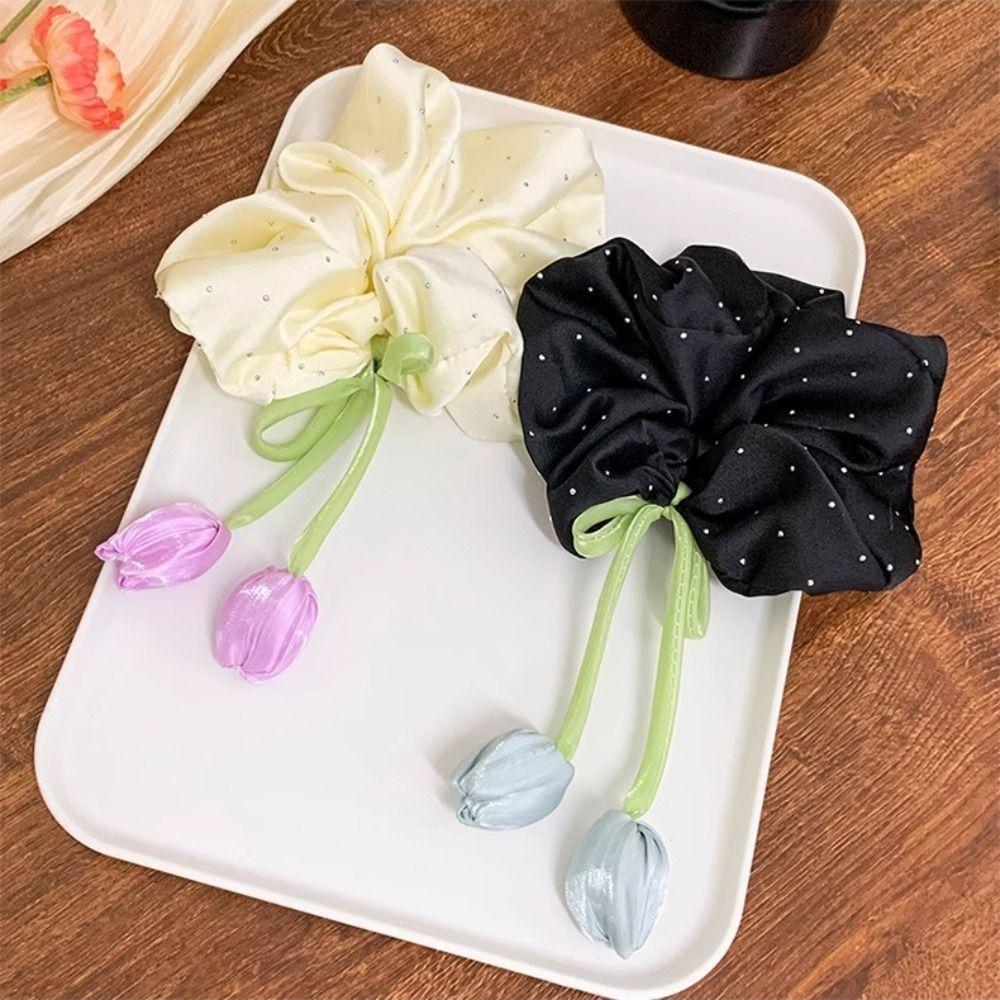 Spring Design Tulip Headbands Elastic Material Mesh Strap Satin Hairstring Bow Hanging Flower Handmade Butterfly Knot