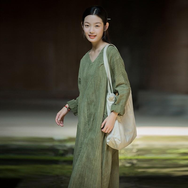 Johnature Женское винтажное платье с V-образным вырезом и длинным рукавом, осеннее свободное женское платье А-силуэта в китайском стиле