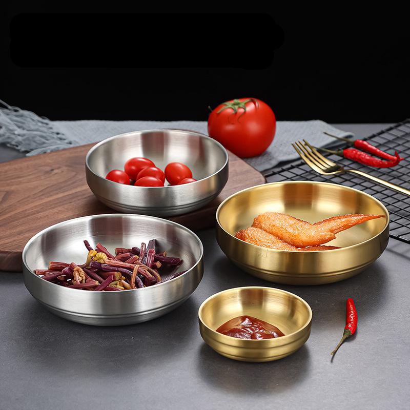 Double-layer Korea 304 Stainless Steel Bowls Rice Noodle Dishes Insulated Lunch Tableware Golden Restaurant Kitchen Supplies