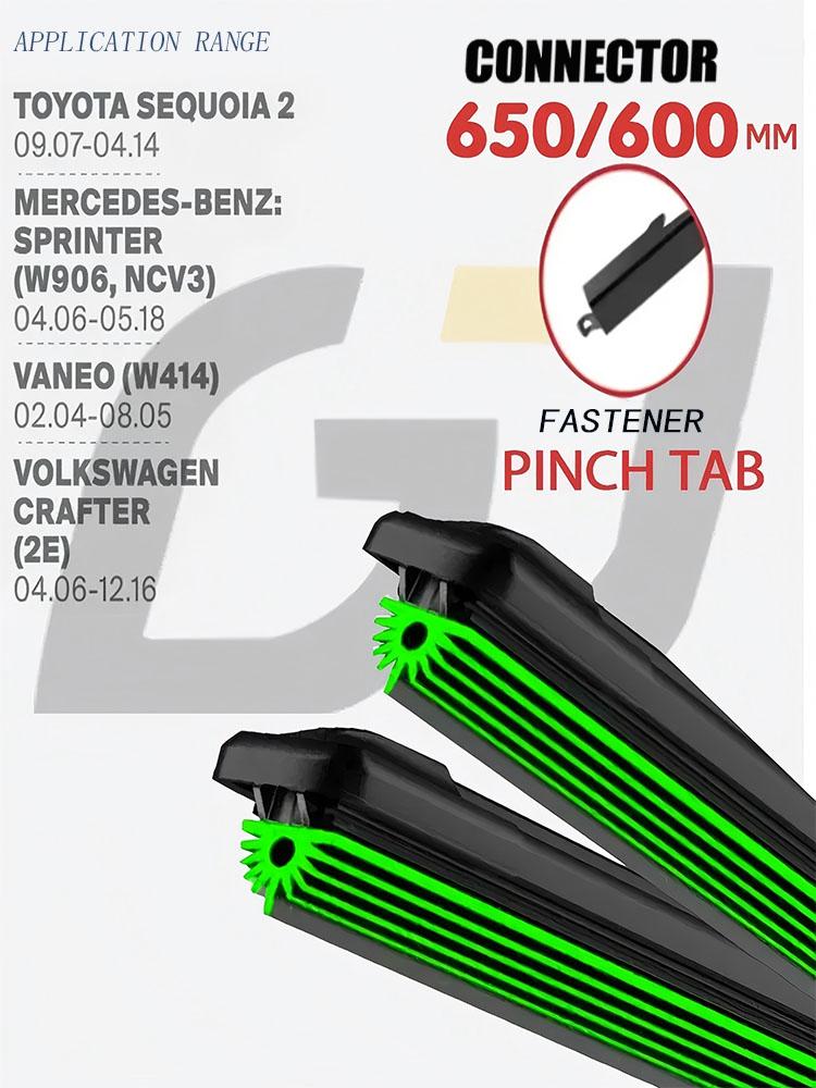 26"+24" Pinch Tab Frameless Wipers, Quiet 11-Layer Rubber Blades Fit Toyota Sequoia 2, Mercedes Sprinter W906 NCV3 Vaneo W414, VW Crafter 2E