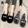 Fashion Luxury Rabbit Fur Flats Woman Crysatl Metal Ball Plush Loafers Winter Cotton Shoes Women Fleeces Furry Moccasins Plus Size 40-43