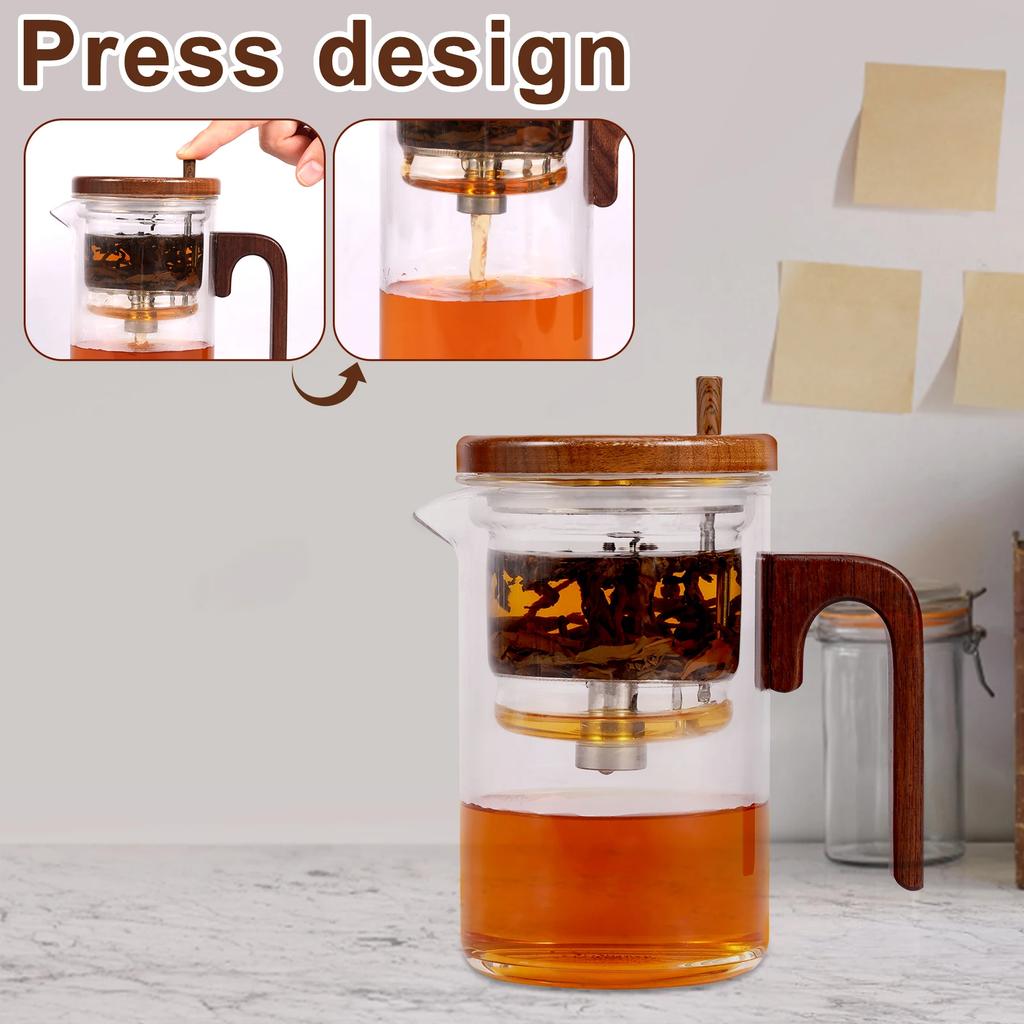 Water Separation Glass Teapot with Wood Handle Leak Proof Glass Tea Infuser Teapot Easy To Clean Tea Water Separation Teapot