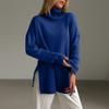 Women's Fashion Casual Solid High Collar Hem Split Long Sleeve Sweater Top