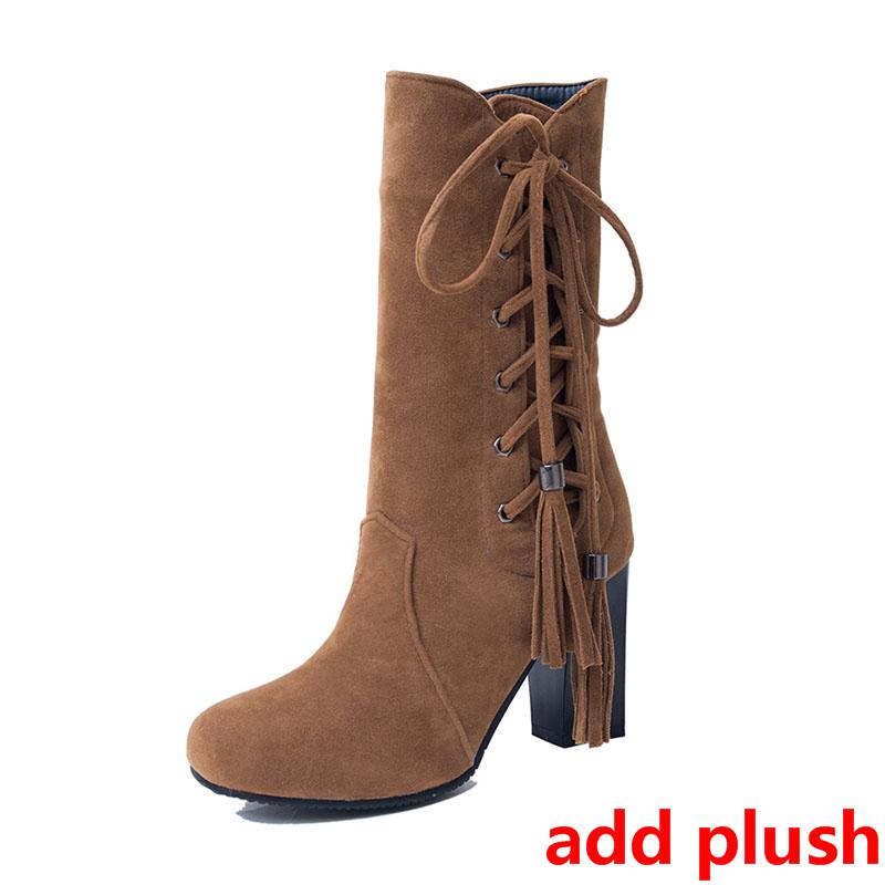 Fashion Large Size 32-45 High Heel Boots Women Shoes Woman Zip Up Shoelace Winter Boots Fringe Footwear Party Bottine