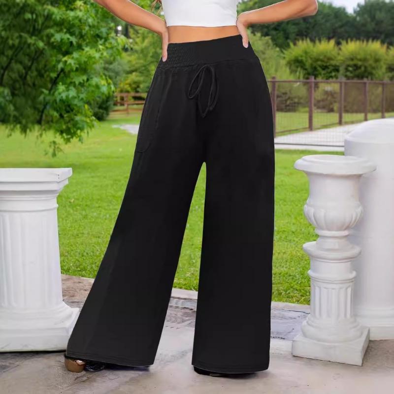 Women S Casual Solid Color Wide Leg Pants With Pockets Drawstring