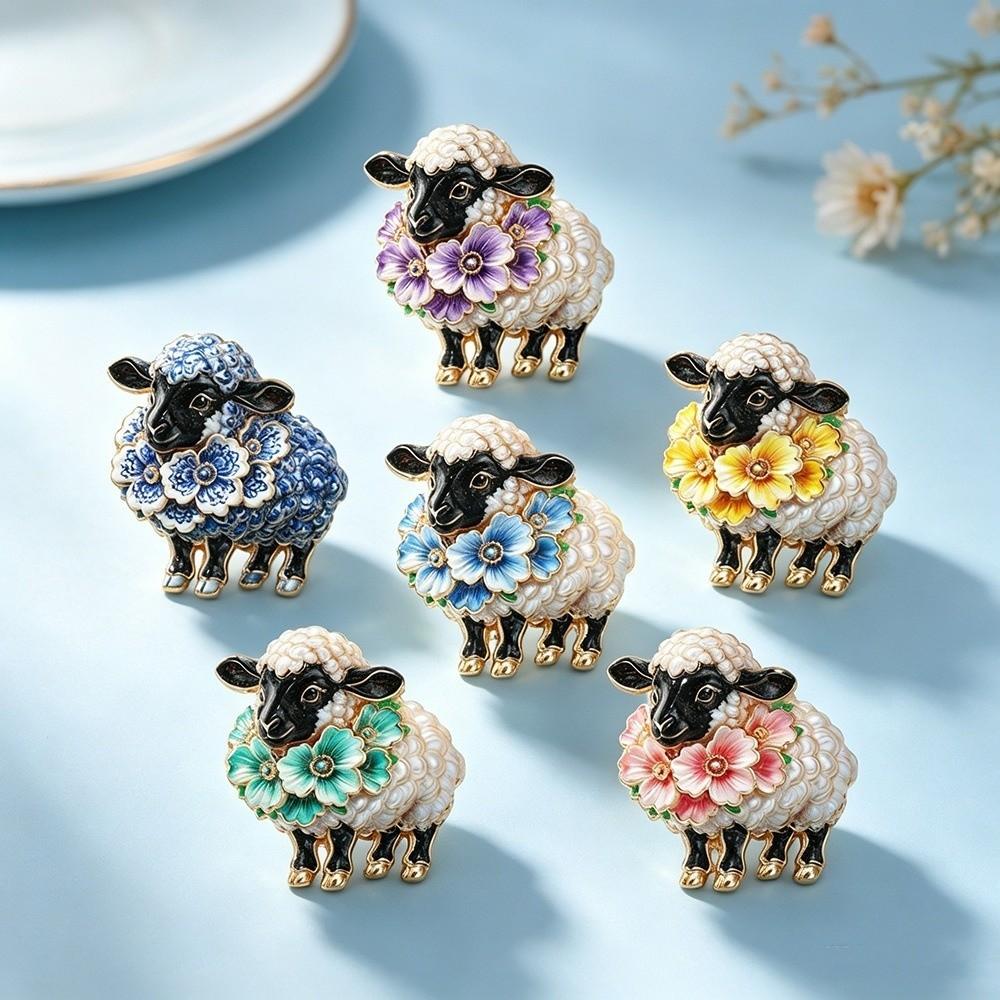 Enamel Painted Sheep Brooch Colorful Flower Flower Sheep Lapel Pin Easter Outfit Decoration