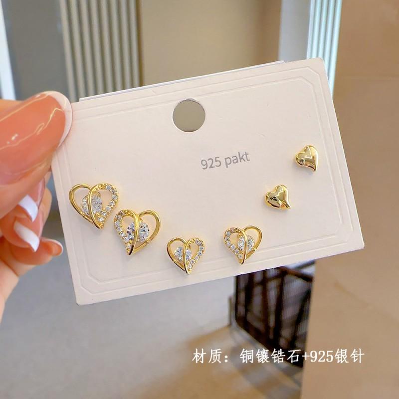 Minimalist Stud Earrings Set 3 Pairs Gold Tone CZ Geometric Floral Design Women Daily Wear