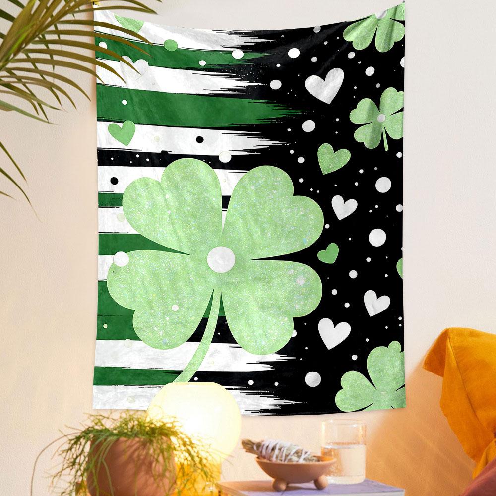 Green Glitter Clover and Heart Pattern Patterned tapestry home decor, suitable for bedroom and living room, gift