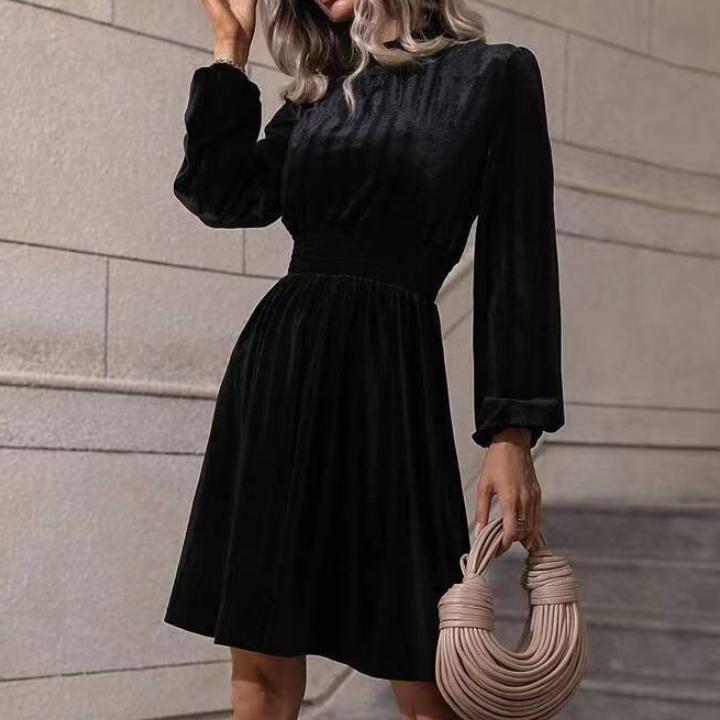 QICED Женское весенне-осеннее модное темпераментное бархатное платье с воротником-стойкой и длинными рукавами