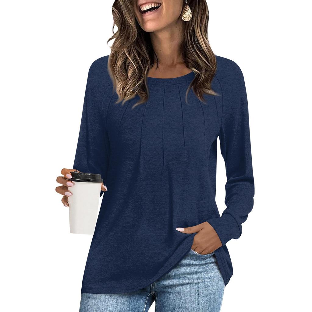 Женская модная повседневная плиссированная футболка с круглым вырезом и длинным рукавом, однотонная футболка, удобный топ