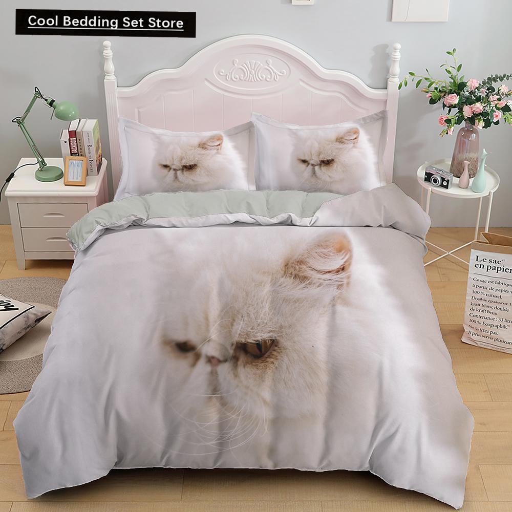 White Cat King Queen Duvet Cover Kawaii Pet Kitty Bedding Set for Kids Teens Adults Family Animal 2/3pcs Polyester Quilt Cover