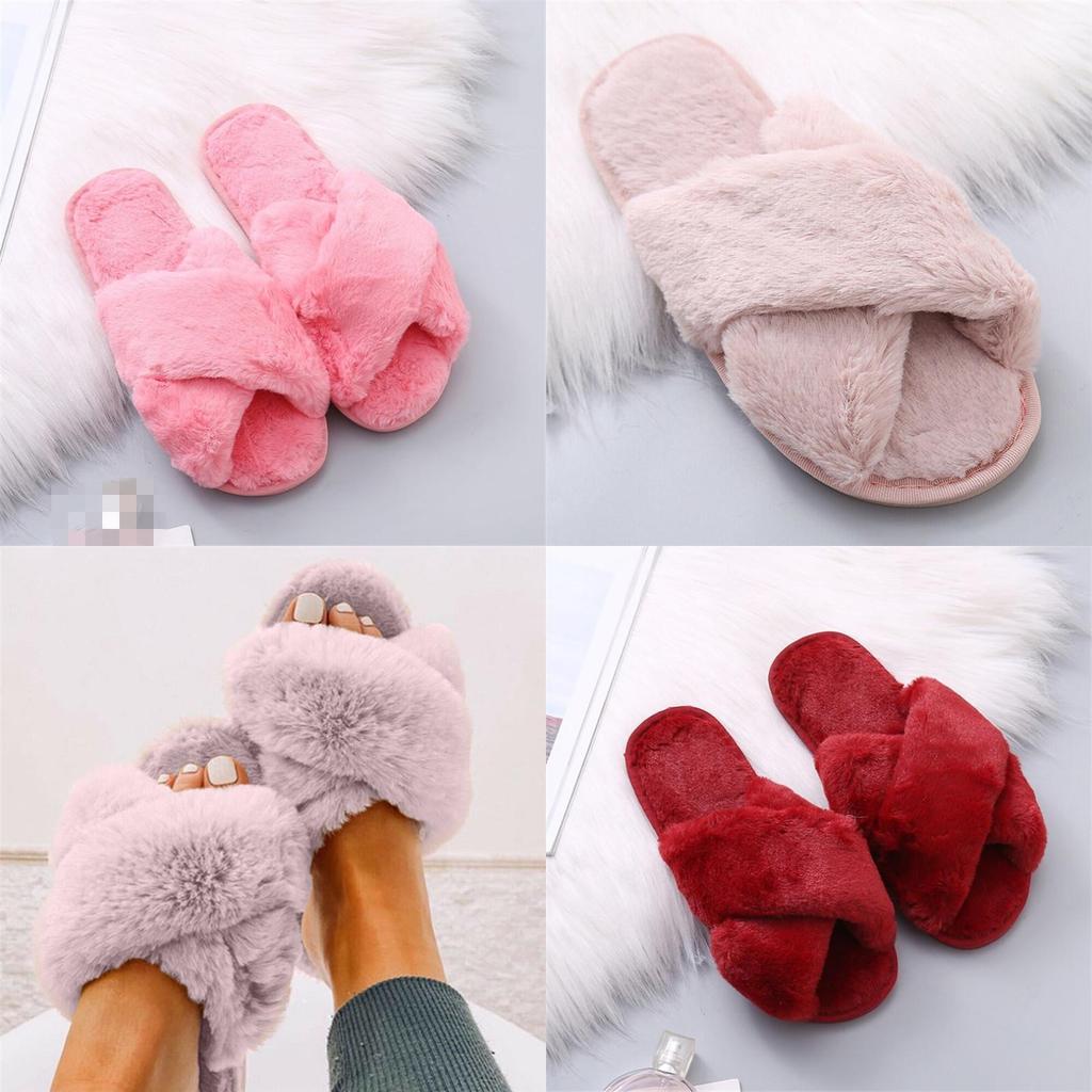 Stylish Ladies Fur Fluffy Slippers Cross Furry Summer Mules Shoes In Black