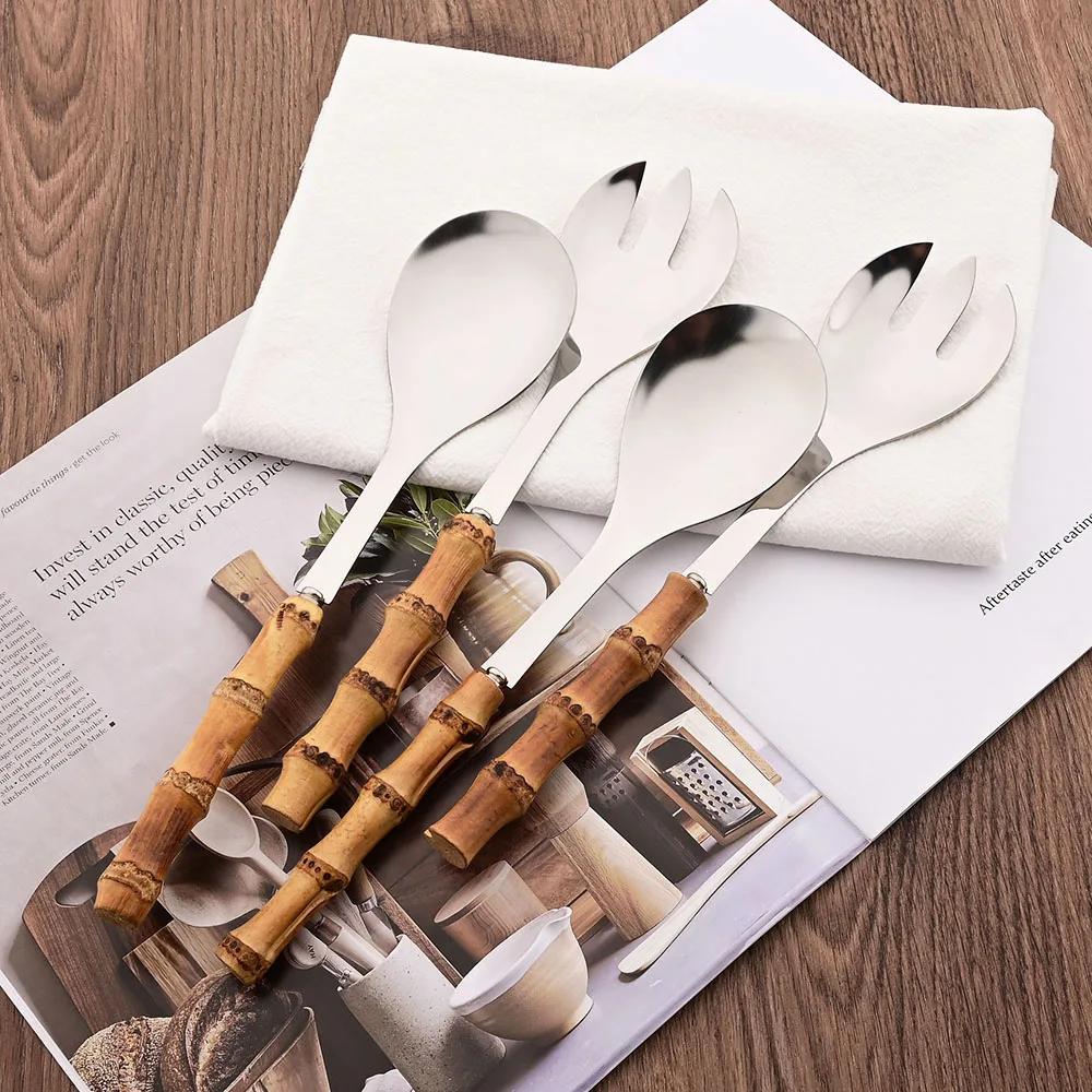 2/4Pcs Long Handle Serving Spoon Fork Bamboo Wooden Handle Salad Spork Kitchen Stainless Steel Tableware Cutlery Dinnerware Set
