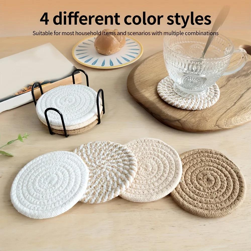 4/8pcs Woven Coaster Set with Holder High-Temperature Resistant Cup Coasters Absorbent Coasters for Coffee Tea Drinks