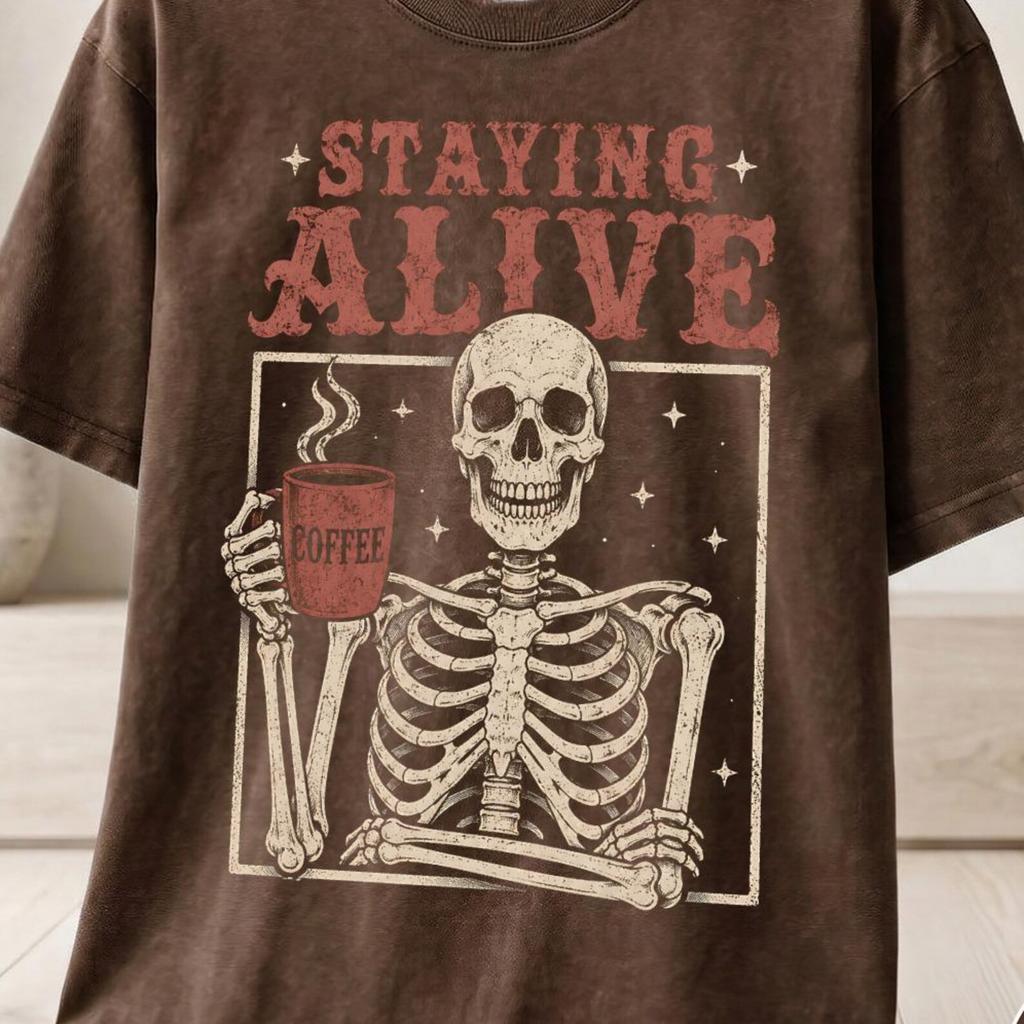 Staying Alive Skeleton Coffee T-Shirt and kids tshirt, Vintage Grunge Distressed Skull Tee, Funny Coffee Lover Dark Humor Gift Top