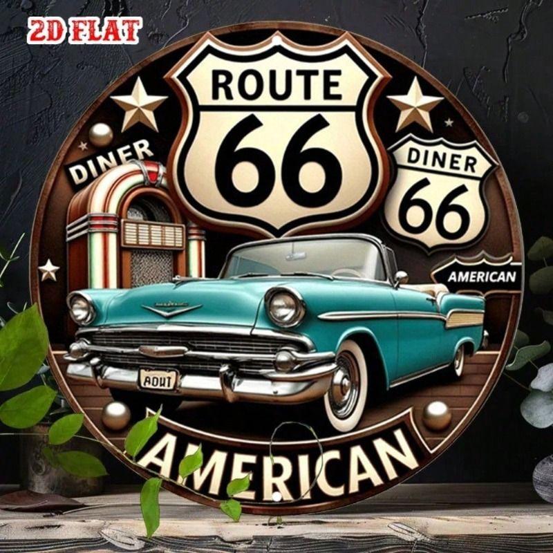 Металлический плакат Route 66 Ретро Настенное искусство, Винтажное украшение для гаража Классический автомобиль Дизайн дайнера 20x30 см Без рамки