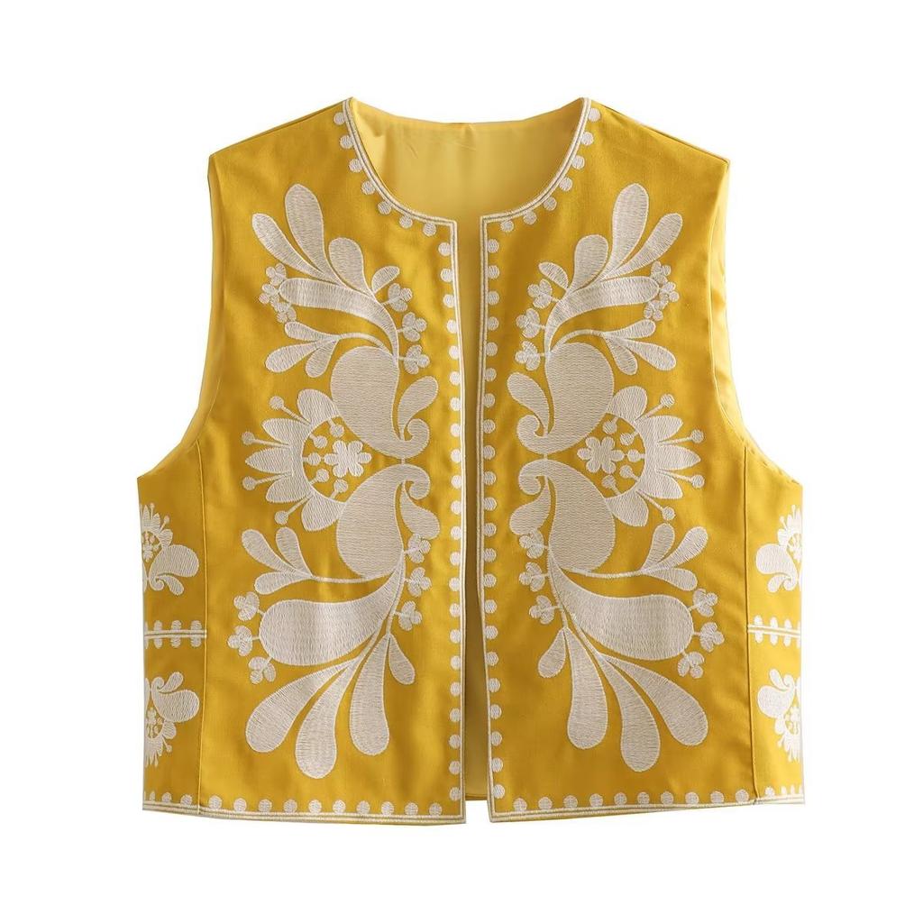 Woman Cropped Flower Embroidery Vest Vintage V Neck Sleeveless Cardigan Waistcoat Shirt Chic Summer Women's Clothing
