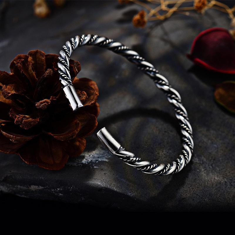 Thai Handmade Pure Silver Bracelet Women's Art Retro Hammer Pattern Pulling Round Bracelet Solid S999 Solid Silver Jewelry