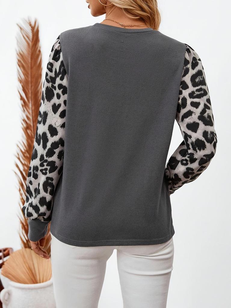 Женская футболка с длинным рукавом, круглым вырезом и леопардовым принтом, пэчворк, Осень/Зима 2024