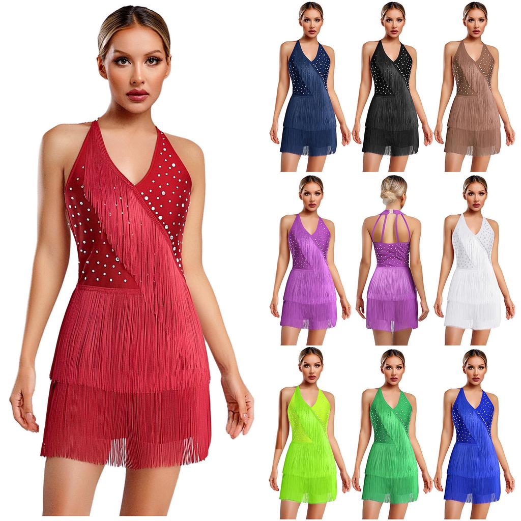 S-3XL Women Dance Bodysuit Halter Neck with Rhinestones Fringed Back Latin Tango Salsa Jazz Performance Costume Leotard
