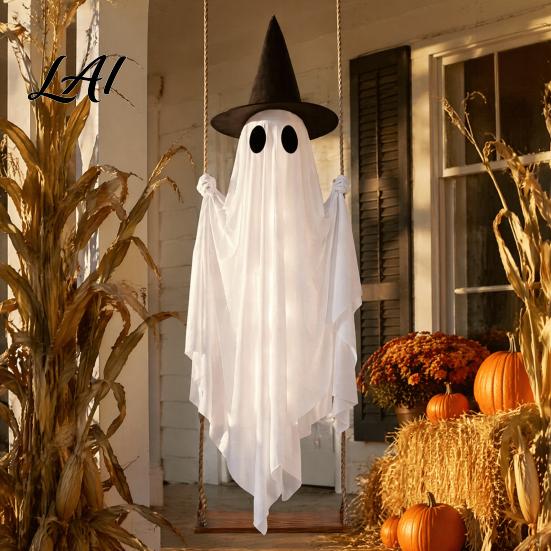 Large Floating Ghost Yard Prop Luminous Halloween Hanging Swing with Witch Hat Remote-controlled Adjustable Swinging for Patio Trees Brightness,