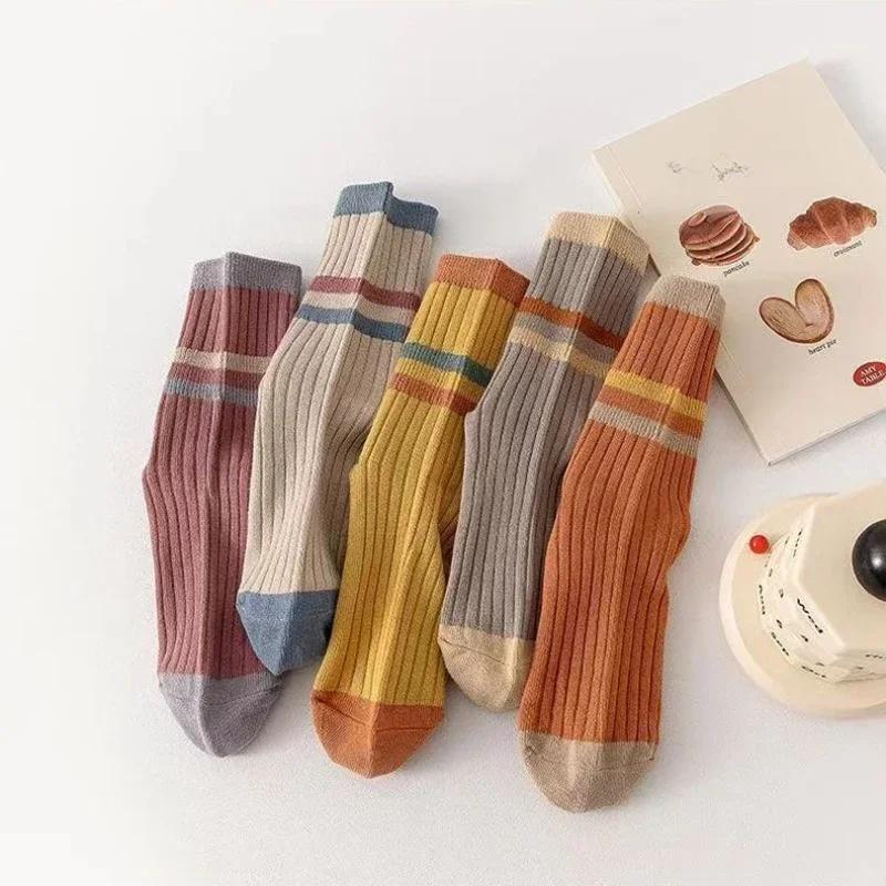5 Pairs Striped Print Socks for Women Comfy Soft Mid Tube Socks Winter Harajuku Funny Casual Sock Women's Stockings Hosiery