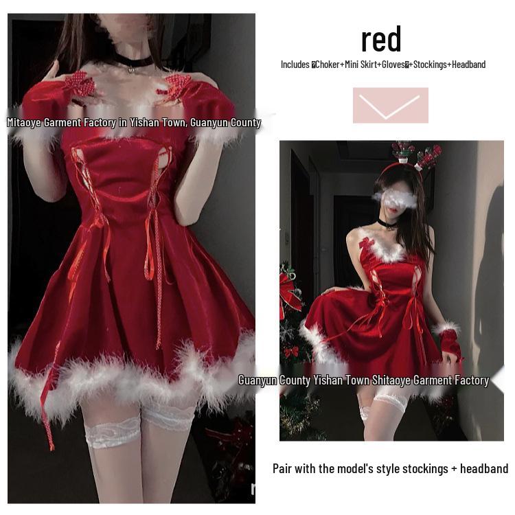 Passionate Christmas Bunny Girl Costume: Sexy Strappy Lingerie with Fluffy Sling for New Year