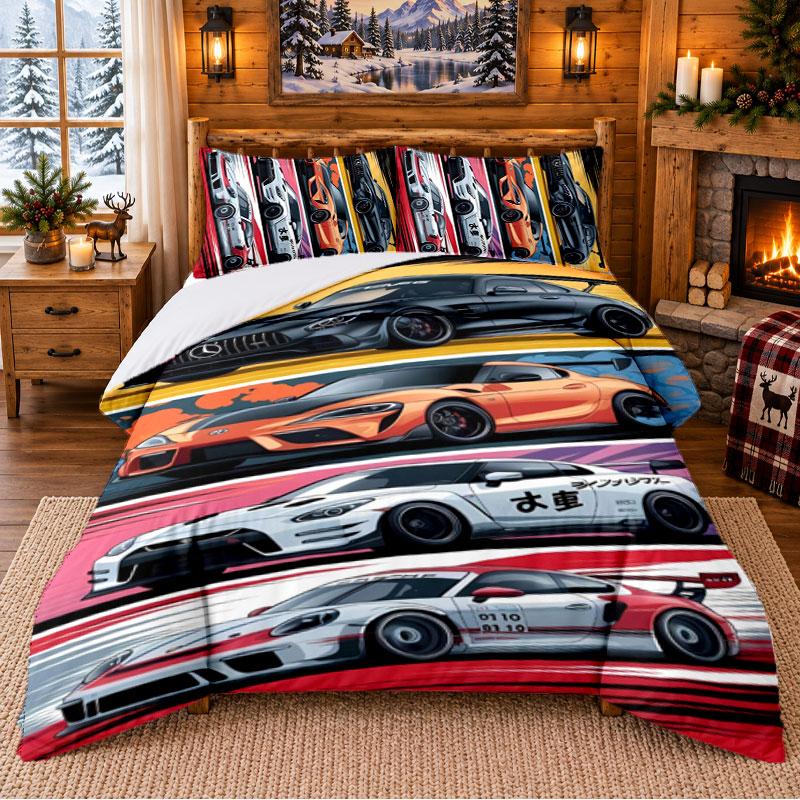 Fast And Furious Pattern Bedding 3Pcs Set Bed Sheet And Pillowcases For Indoor Bedroom