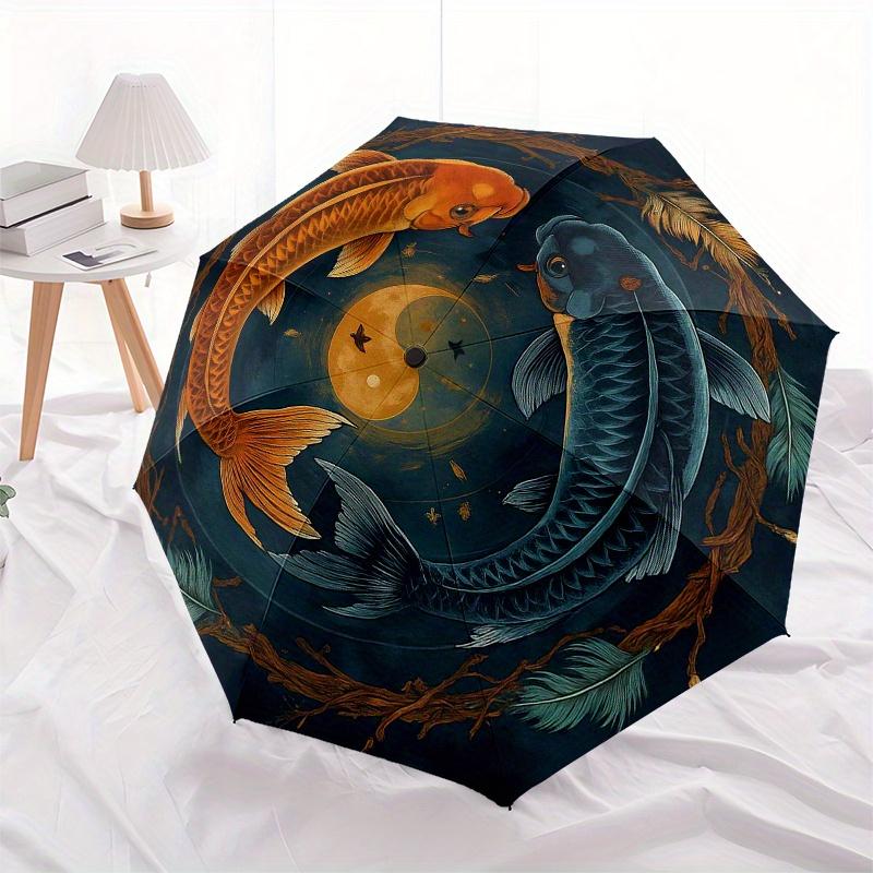 Yin Yang Koi Fish Circular  DecorUmbrella, Portable 3-Fold Compact Umbrella,Christmas Gift ES365