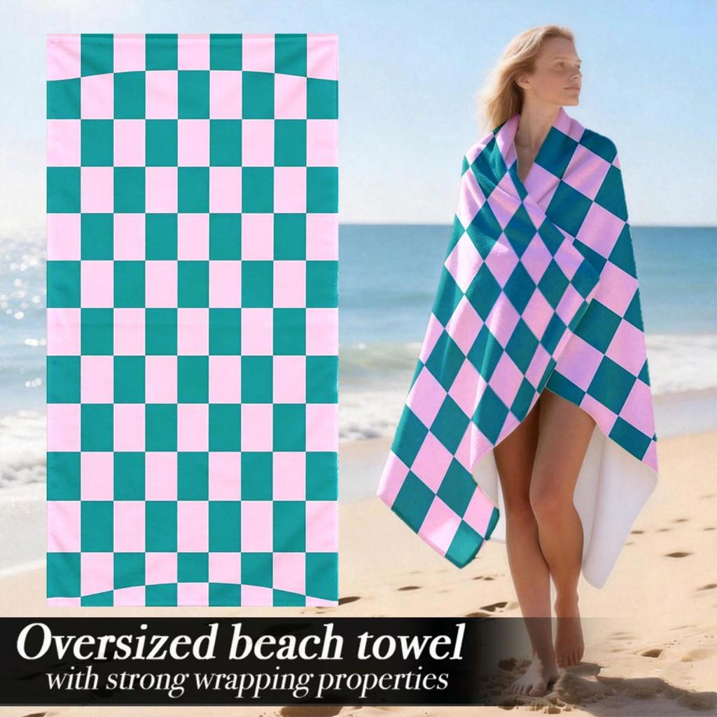 Checkered Pink Teal Oversized Beach Towel Patterned Sunscreen And Windproof Suitable For Swimming Pool Camping Travel Blanket