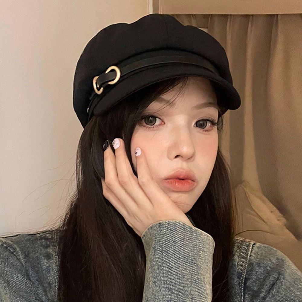 Newsboy Cap Octagonal Hat Leather Buckle Painter Hat Personality Black Beret  Girl