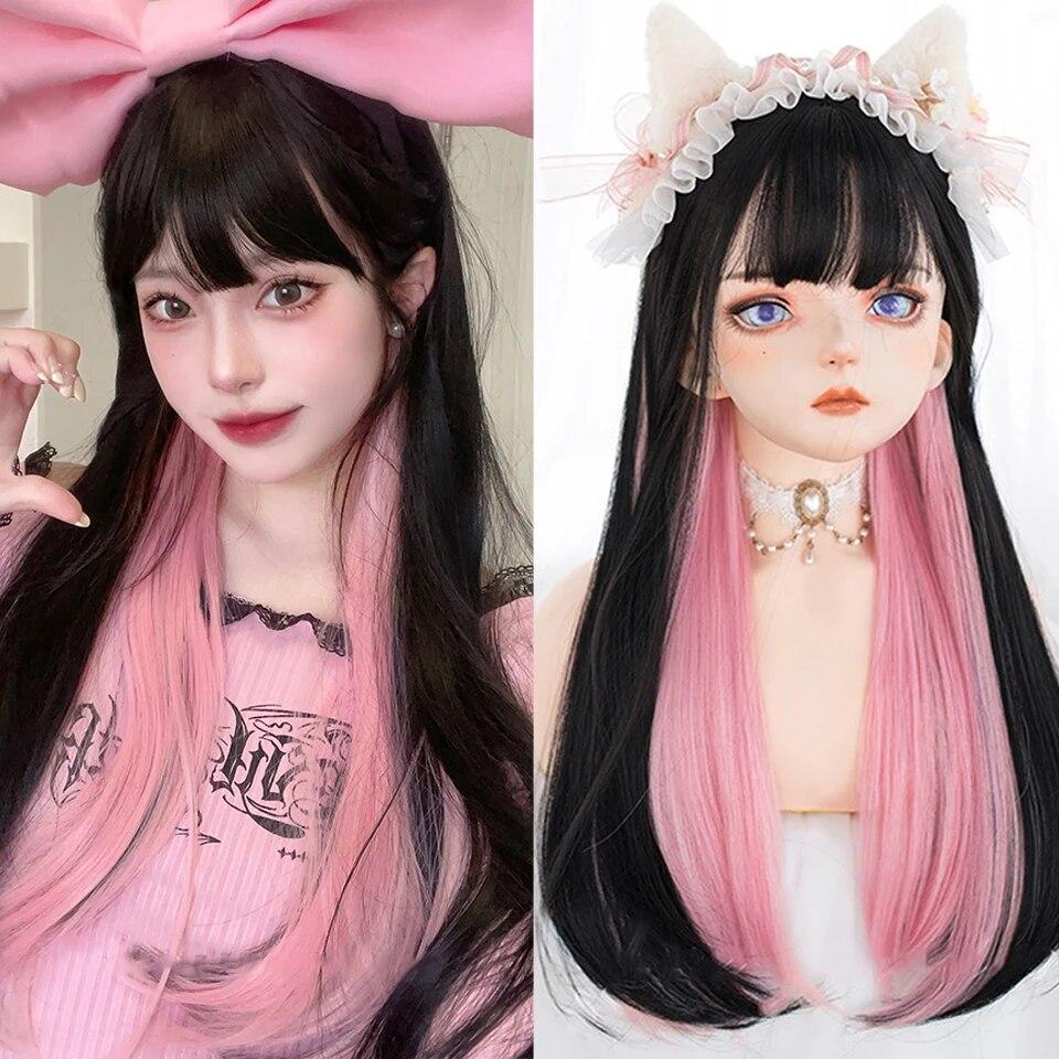Синтетический длинный прямой розовый парик женский косплей парик с челкой термостойкое волокно повседневные накладные волосы для вечеринок
