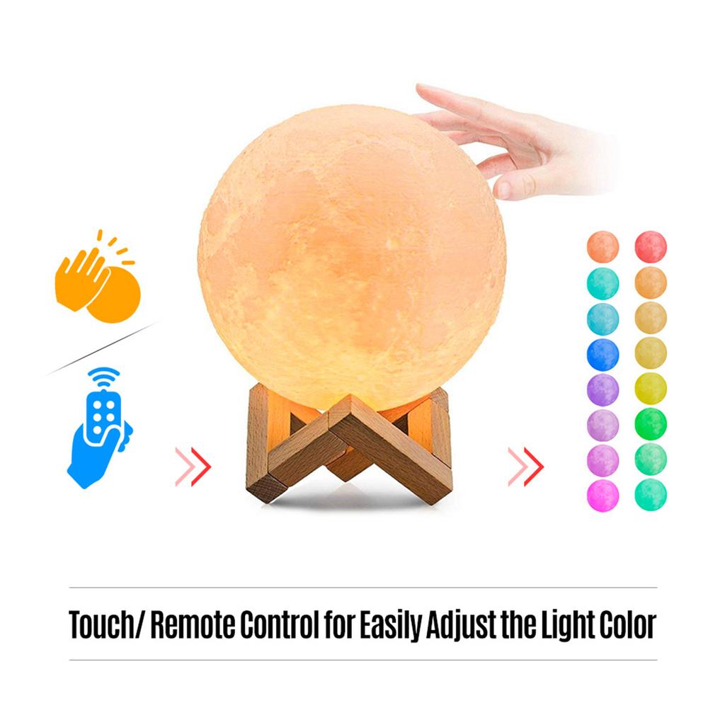 Moon Lamp 3D Print LED Night Light 16 Glowing Colors with Stand Remote Control Touch Control USB