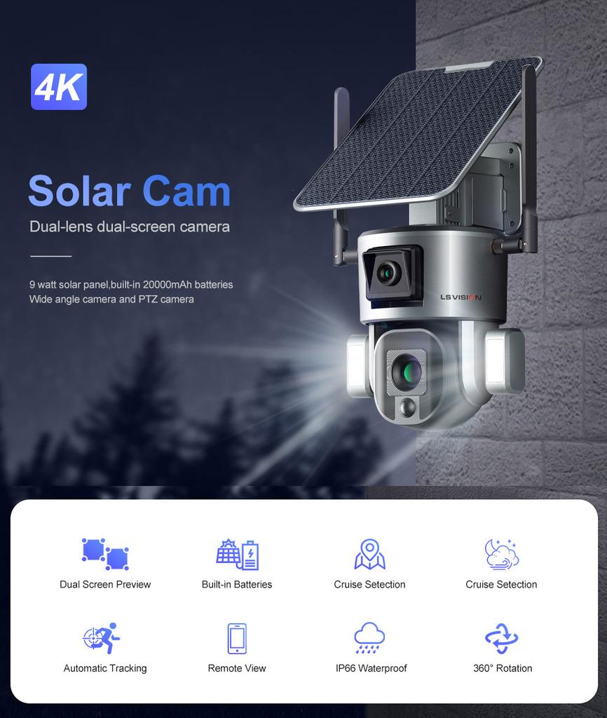 LS VISION 8MP 20X Optical Zoom 4G Solar Camera Dual Screen Wireless Outdoor 4K WiFi PTZ Human Auto Tracking Surveillance Cameras
