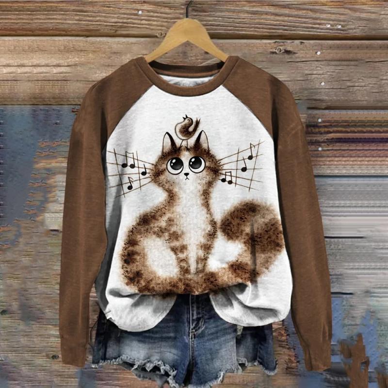 Зимние футболки с длинными рукавами для женщин, забавные кавайные толстовки с принтом кошек и животных, женский милый пуловер с круглым вырезом, женский свитшот