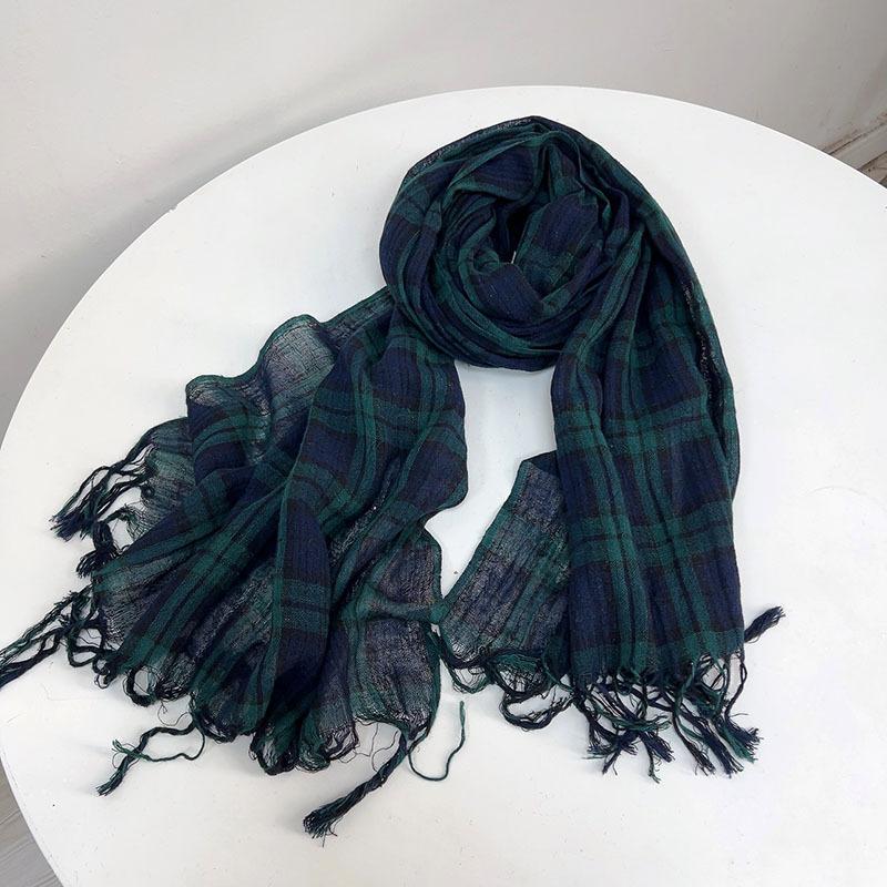 Тонкий клетчатый шарф из хлопка и льна, литературный и универсальный, мягкая защита шеи, шелковый шарф, женская дорожная шаль, теплый для осени и зимы