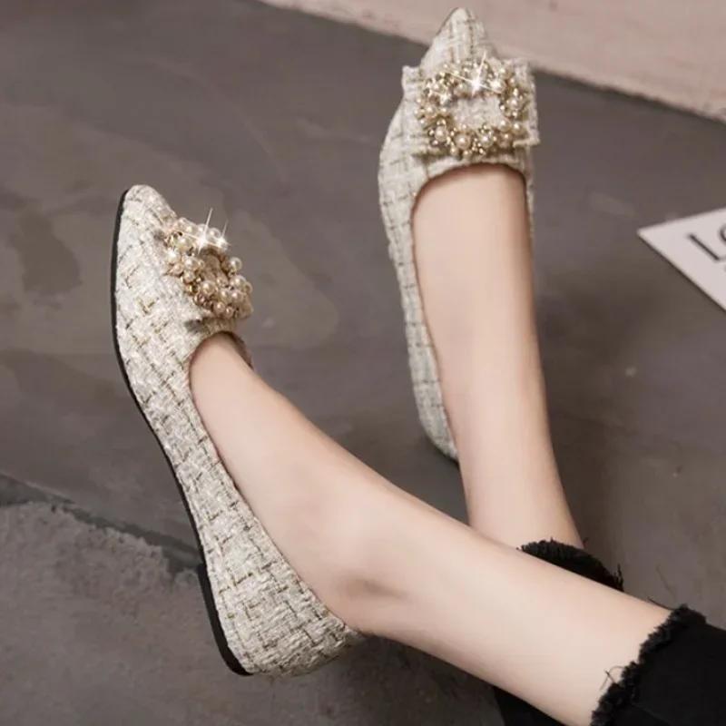 Летняя обувь Женская Женская Жемчужная отделка Острый носок Открытый верх Повседневные женские кроссовки Балетки Модис 2024