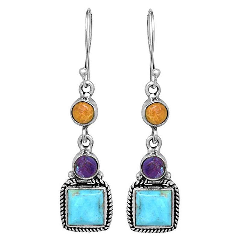 Bohemian Geometric Turquoise Earrings Ethnic Style Orange Purple Gemstone Handmade Earrings