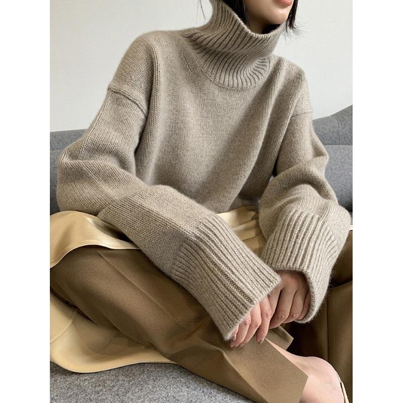 Women S Autumn Winter High Neck Pullover Sweater Loose Fit Casual Lazy Style Solid Color Knit Top