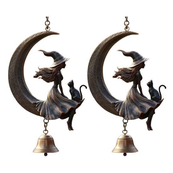Witch Black Cat Moon Wind Chime Halloween Hanging Metal Wind Bell Ornament with Moon And Cat for Outside Patio Lawn Yard Pathway Garden Porch Decor