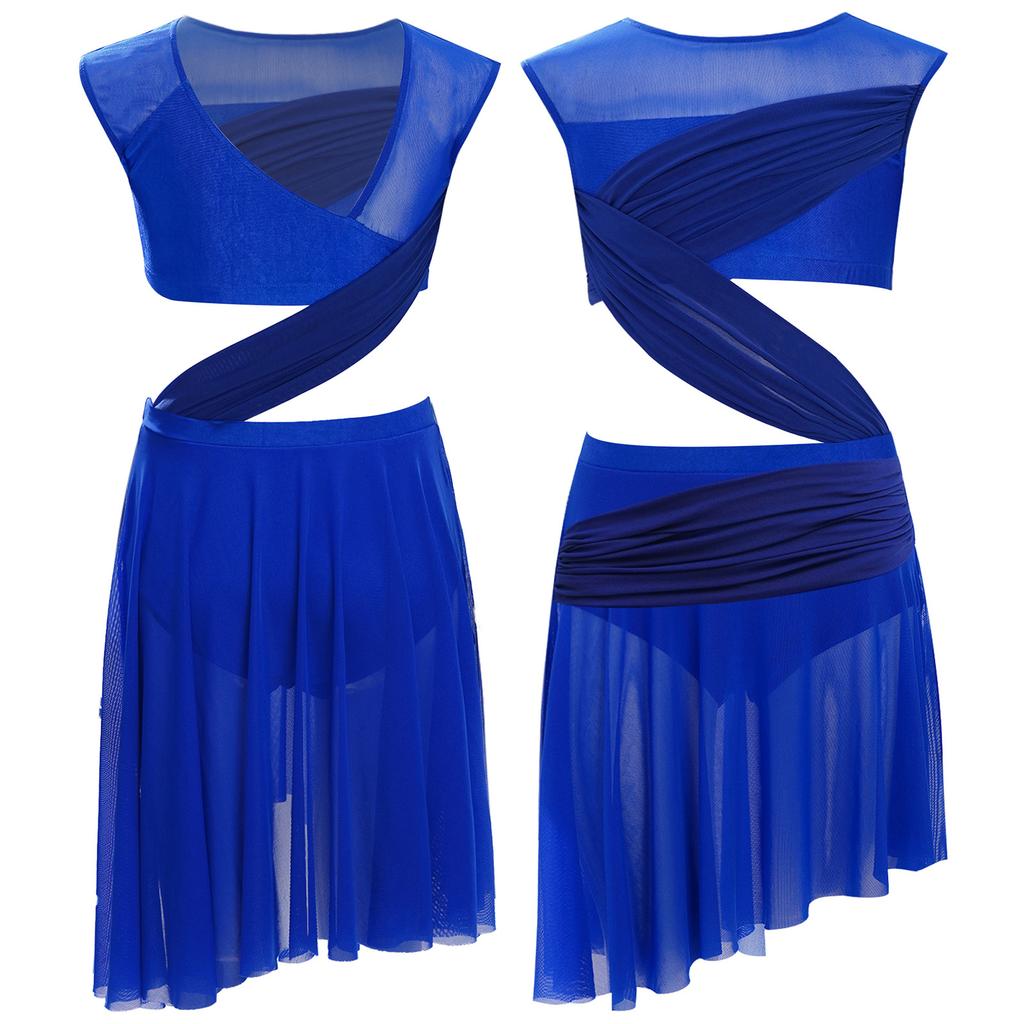 Платье для лирического танца для девочек, цельное, без рукавов, с прозрачной сетчатой вставкой, лоскутное, с асимметричным подолом, костюм для выступления