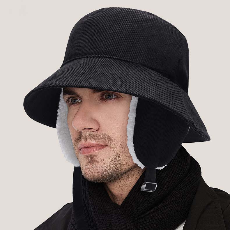 WTEMPO Men's Ear Protection Winter Fishing Outdoor Cold-proof Plush Hats Solid Color Thick Fleece Inner Bucket Hats with Windproof Rope