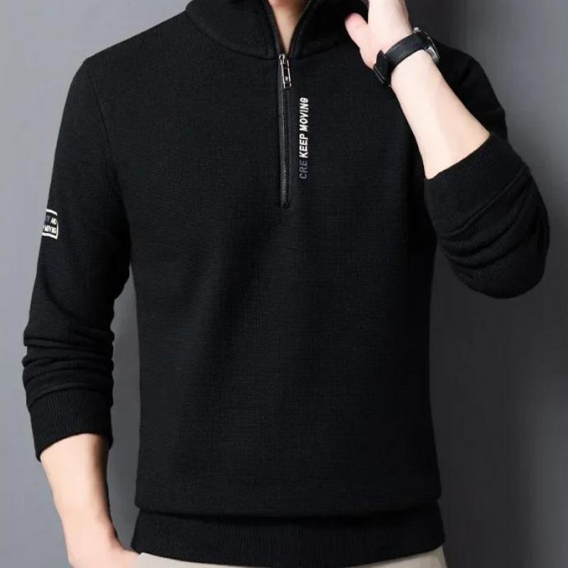 Plus Size Men's Autumn And Winter Sweatshirt Zipper Stand Collar Long Sleeves Thickened Fleece Solid Color Neck Guard Mid-length