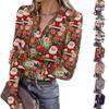 Женская модная повседневная блузка с V-образным вырезом, длинными рукавами и принтом на рождественскую тематику, застегивающаяся на пуговицы