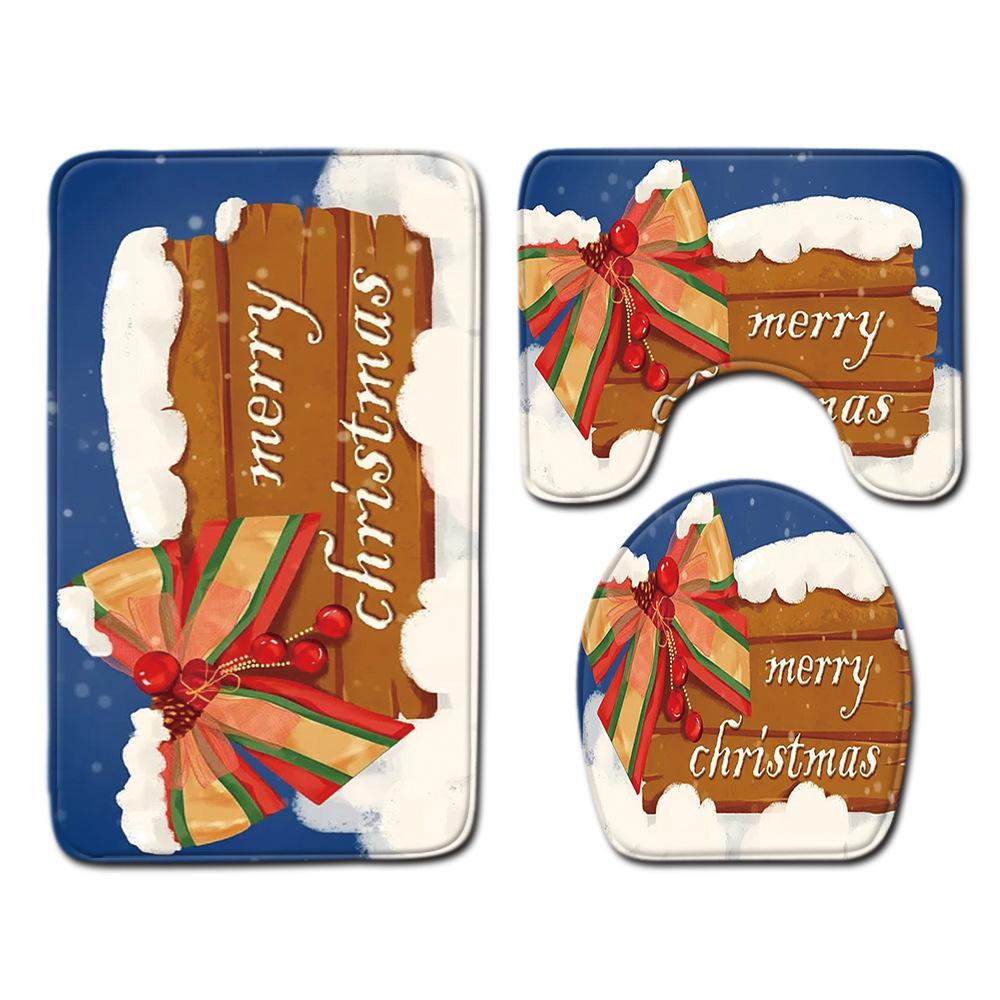 Christmas Shower Curtain Floor Mat Combination Four-Piece Set Bathroom Toilet Carpet Shower Room Mat Foot Mat