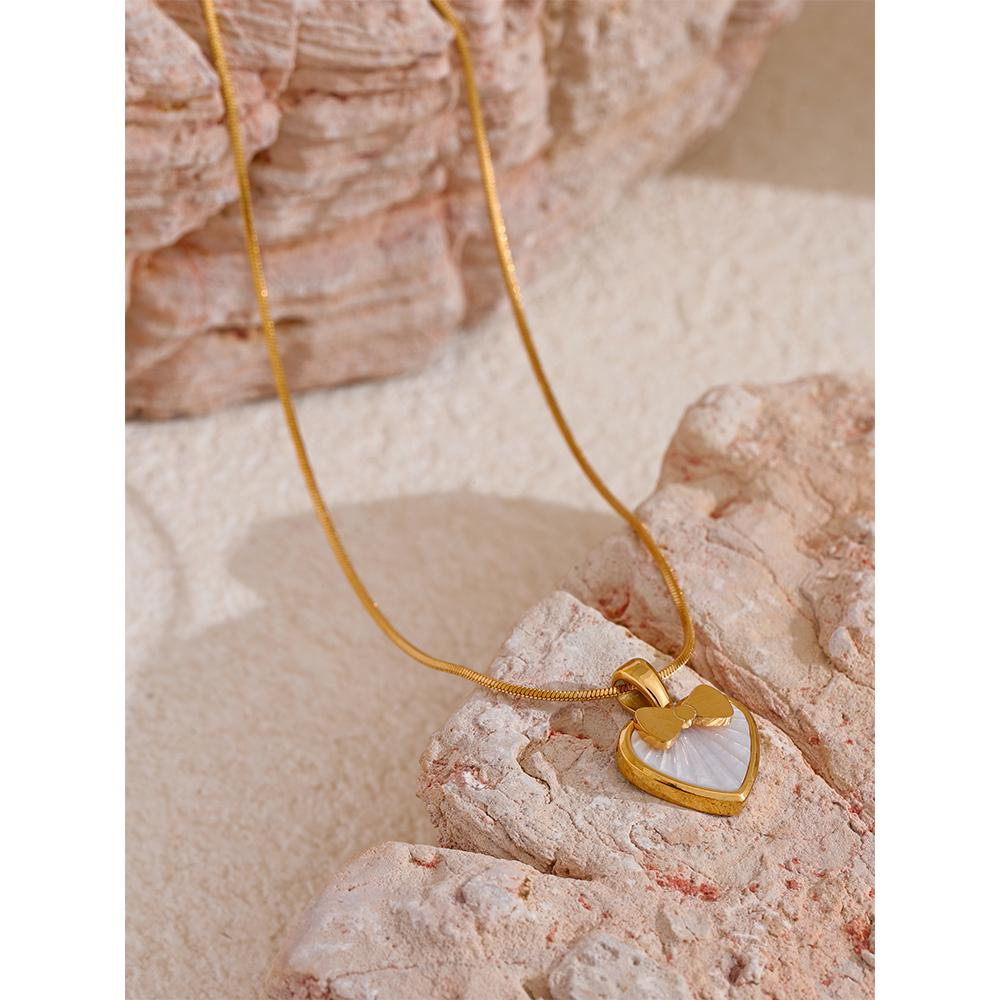 Yhpup Stainless Steel Heart Bow Knot Natural Shell Pendant Necklace Fashion Chic High Quality Summer Jewelry Waterproof Stylish