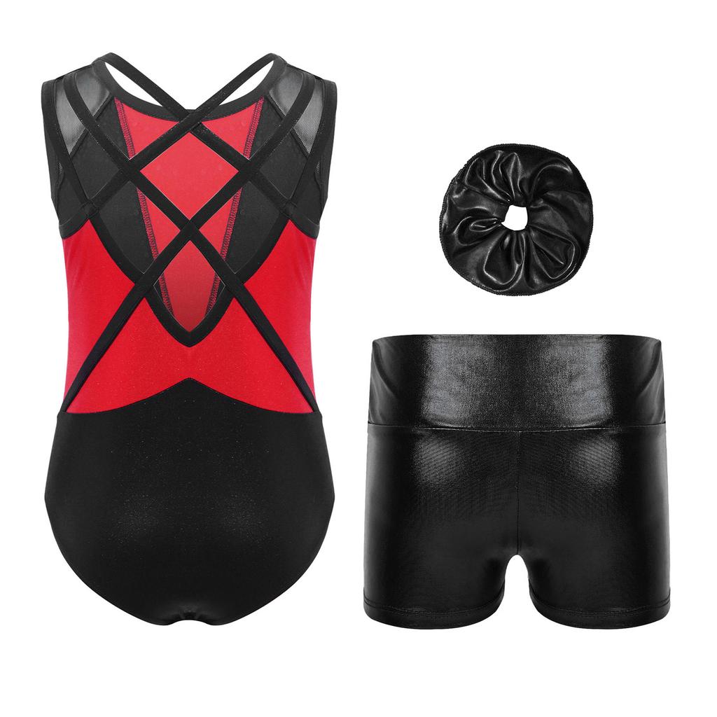 Girls Dance Performance Set Shiny Rhinestones Sleeveless Crisscross Back Leotard Metallic Shorts Headwear